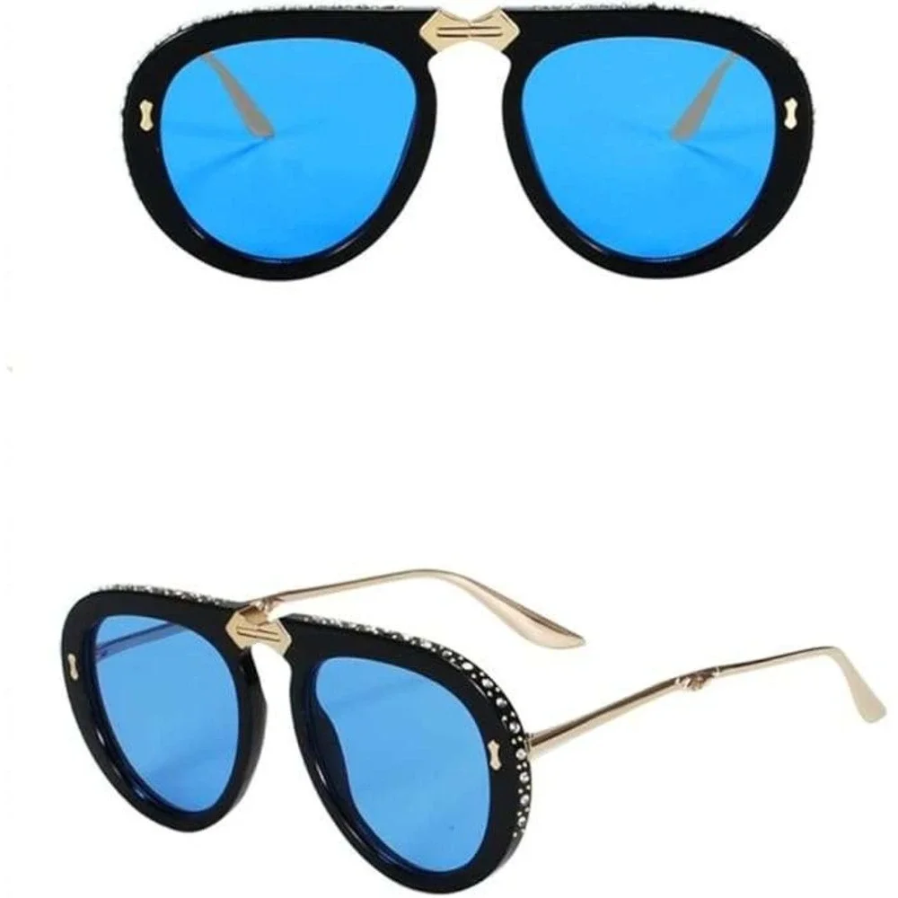 Aviator Sunglasses Blue Lens Rhinestone Accent UV400 Protection Rhinestone Gafas